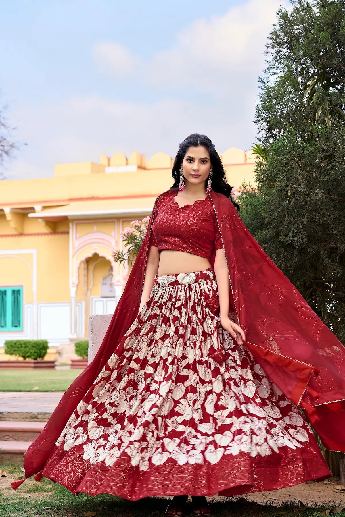Red Tussar Silk Floral Printed Lehenga Choli