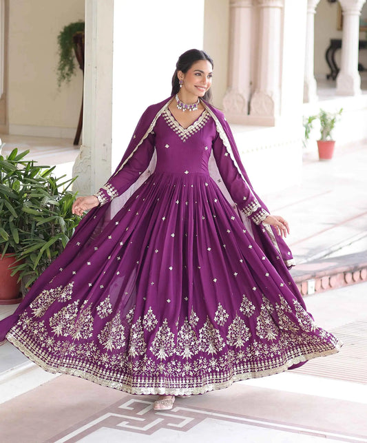 Dark Raspberry Embroidery Work Gown