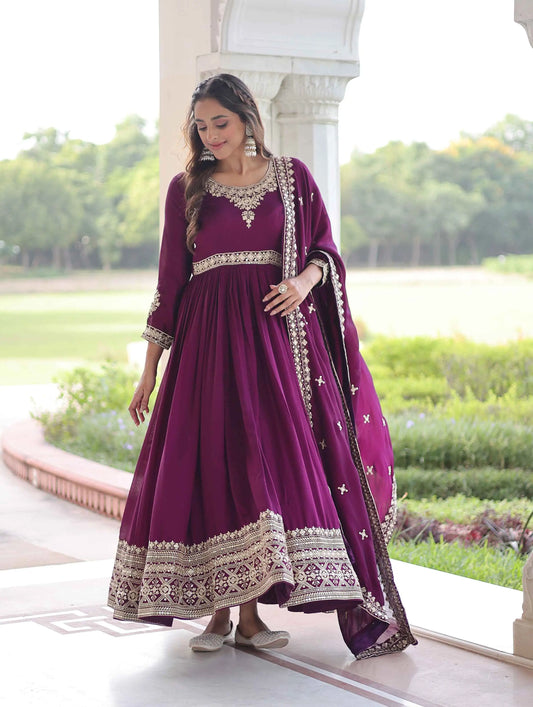 Magenta Sequins Embroidery Work Gown