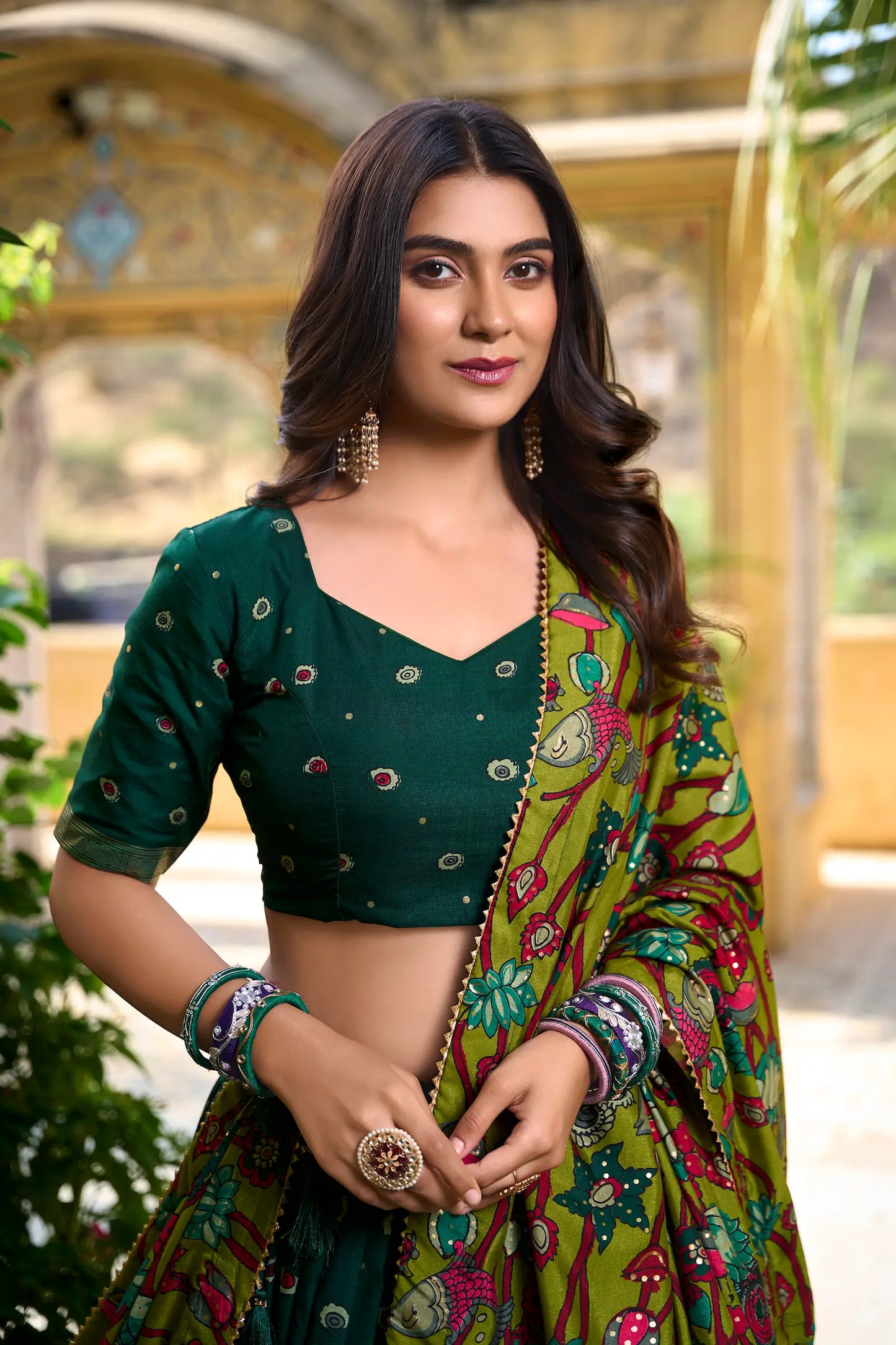 Green Tussar Silk Kalamkari Printed Lehenga Choli