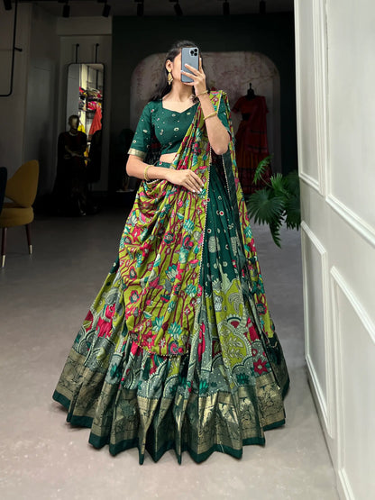 Green Tussar Silk Kalamkari Printed Lehenga Choli