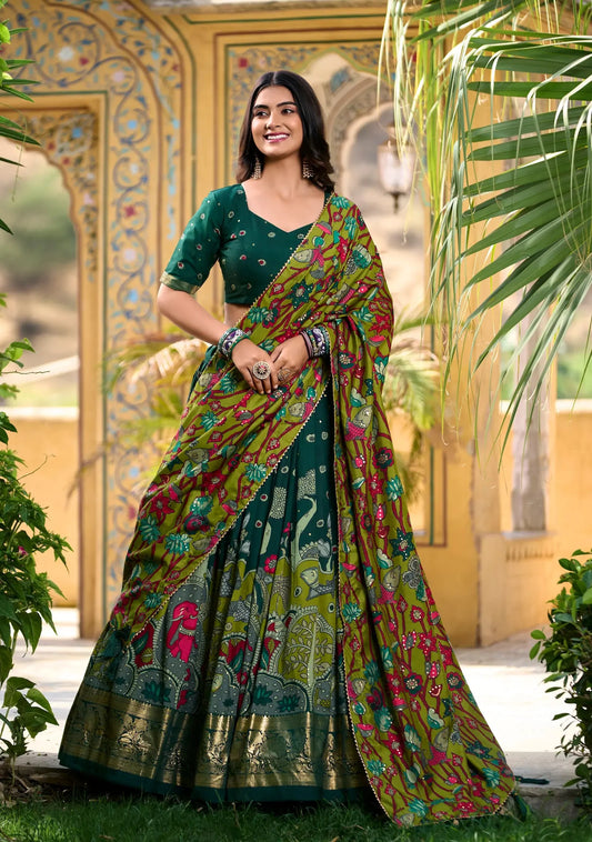 Green Tussar Silk Kalamkari Printed Lehenga Choli