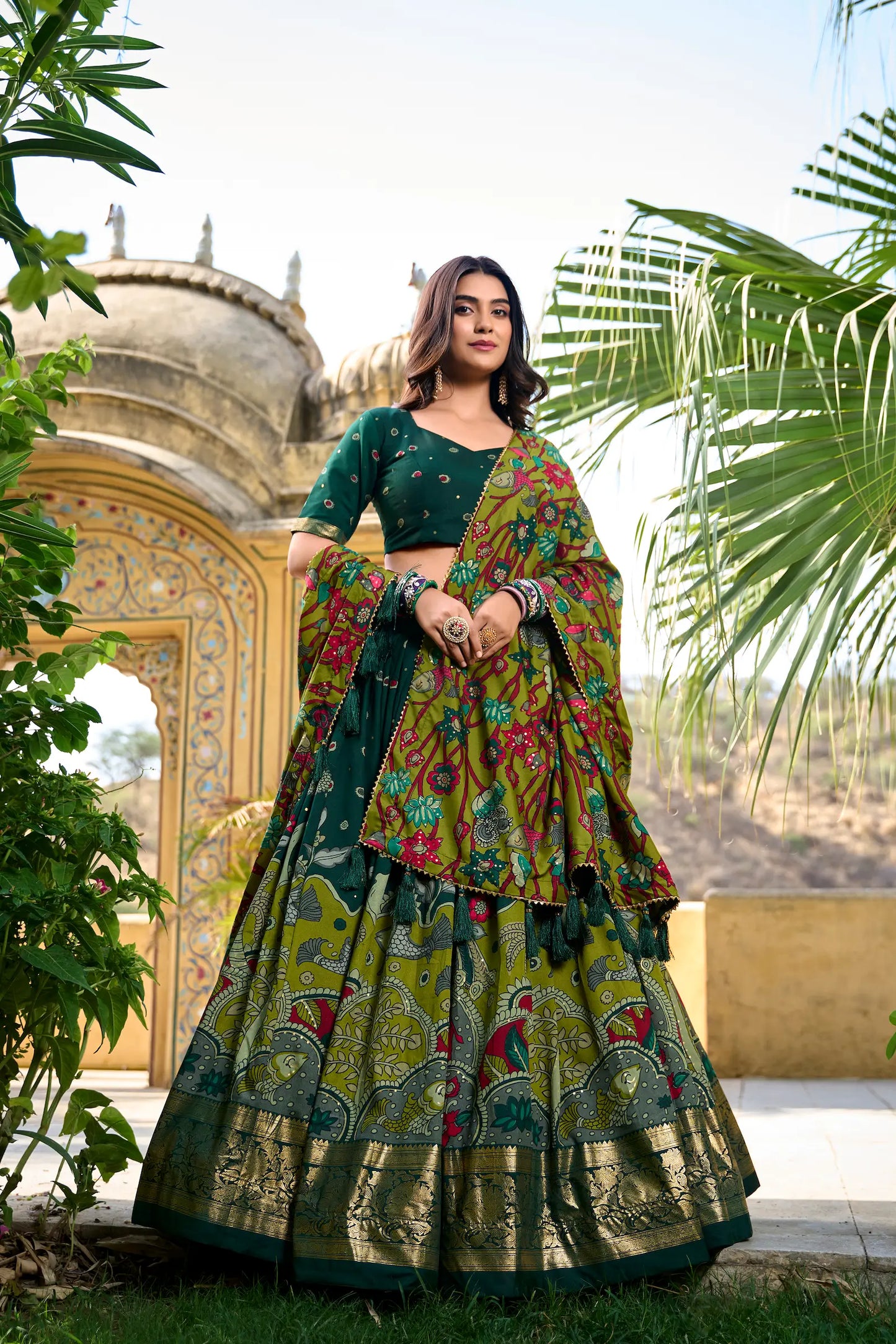 Green Tussar Silk Kalamkari Printed Lehenga Choli