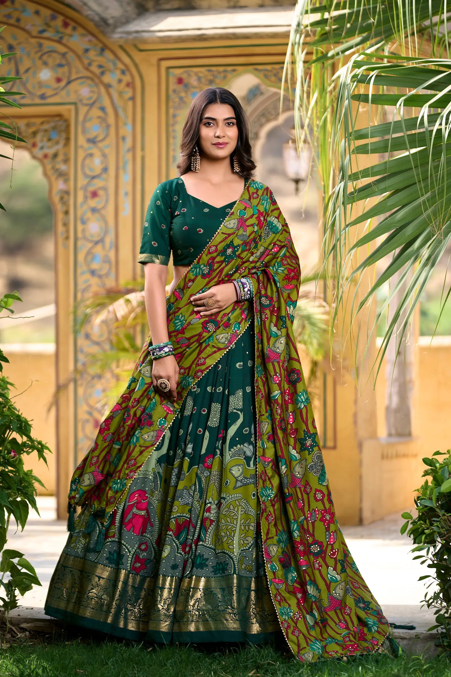Green Tussar Silk Kalamkari Printed Lehenga Choli