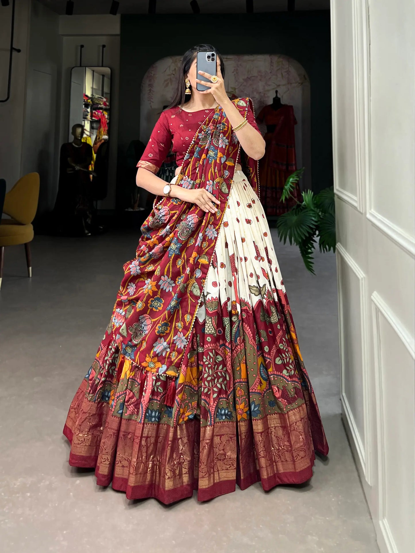 Off White Tussar Silk Kalamkari Printed Lehenga Choli