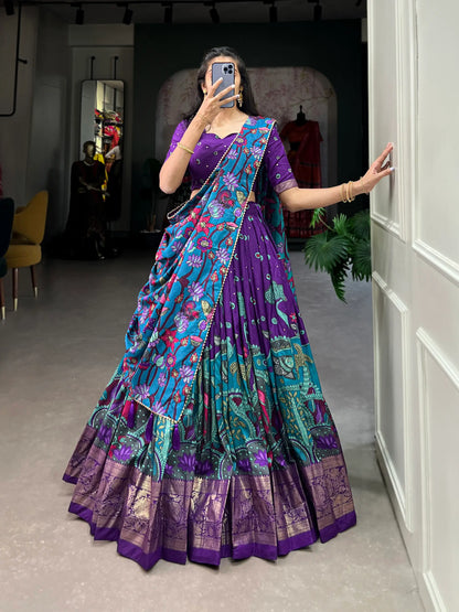 Purple Tussar Silk Kalamkari Printed Lehenga Choli