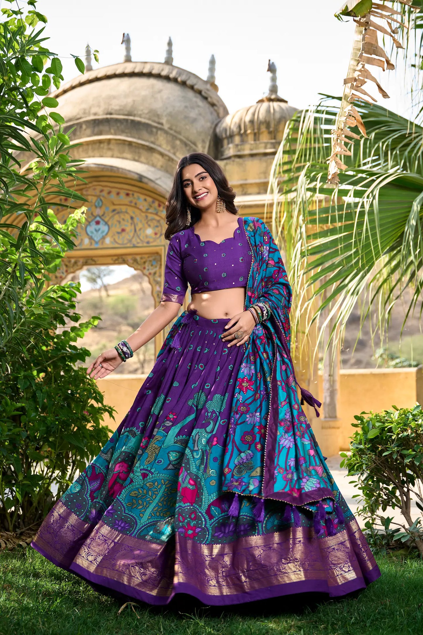 Purple Tussar Silk Kalamkari Printed Lehenga Choli