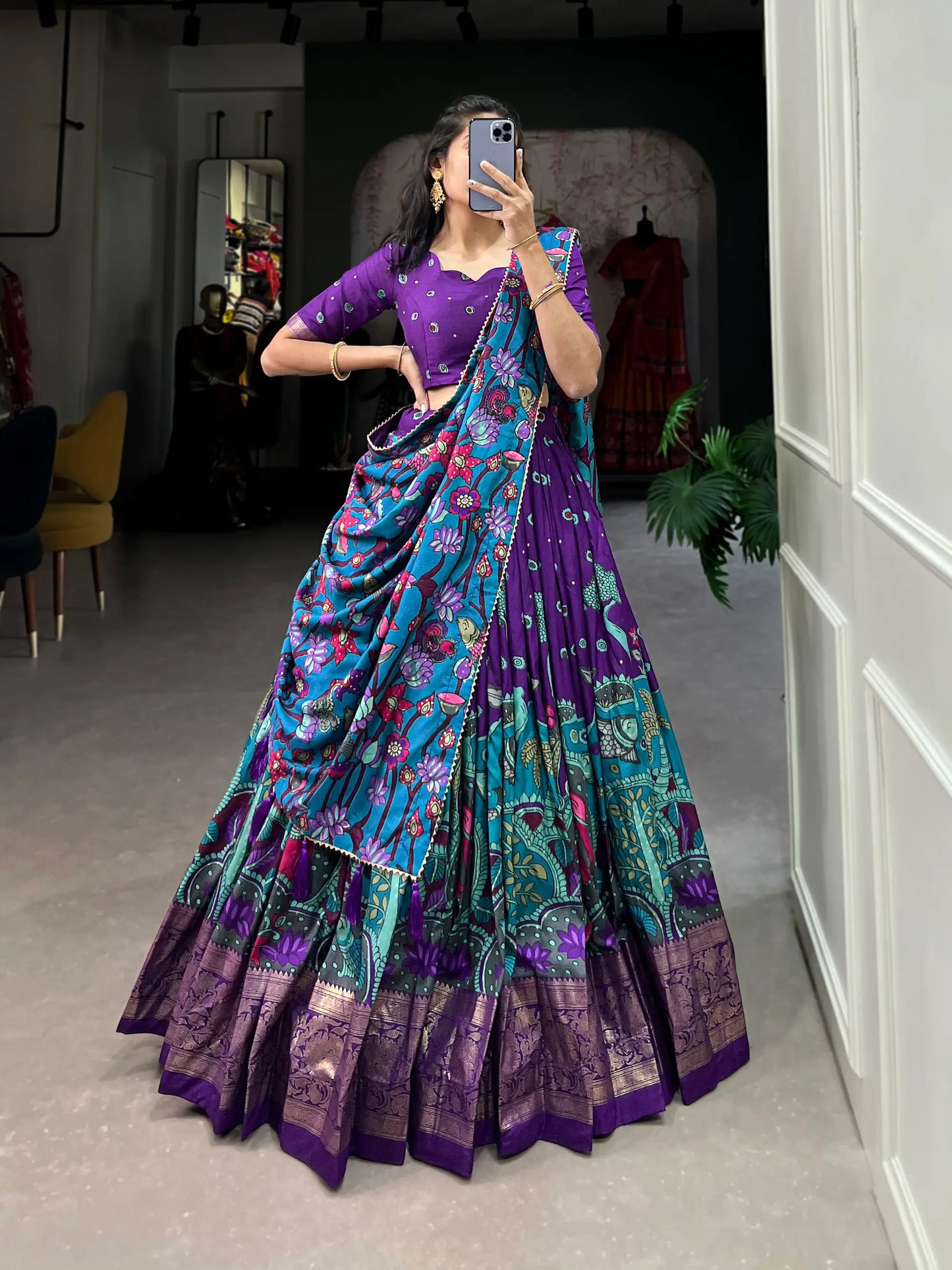 Purple Tussar Silk Kalamkari Printed Lehenga Choli