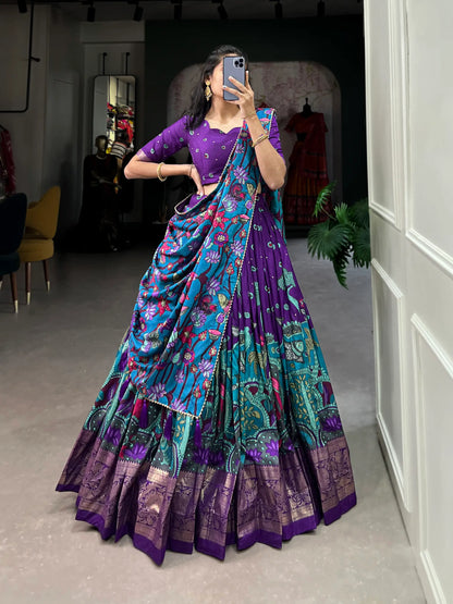 Purple Tussar Silk Kalamkari Printed Lehenga Choli