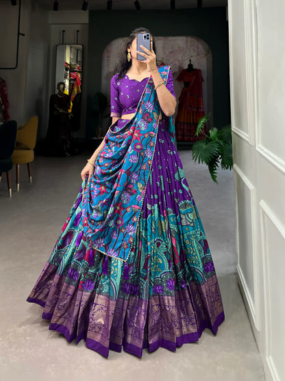 Purple Tussar Silk Kalamkari Printed Lehenga Choli