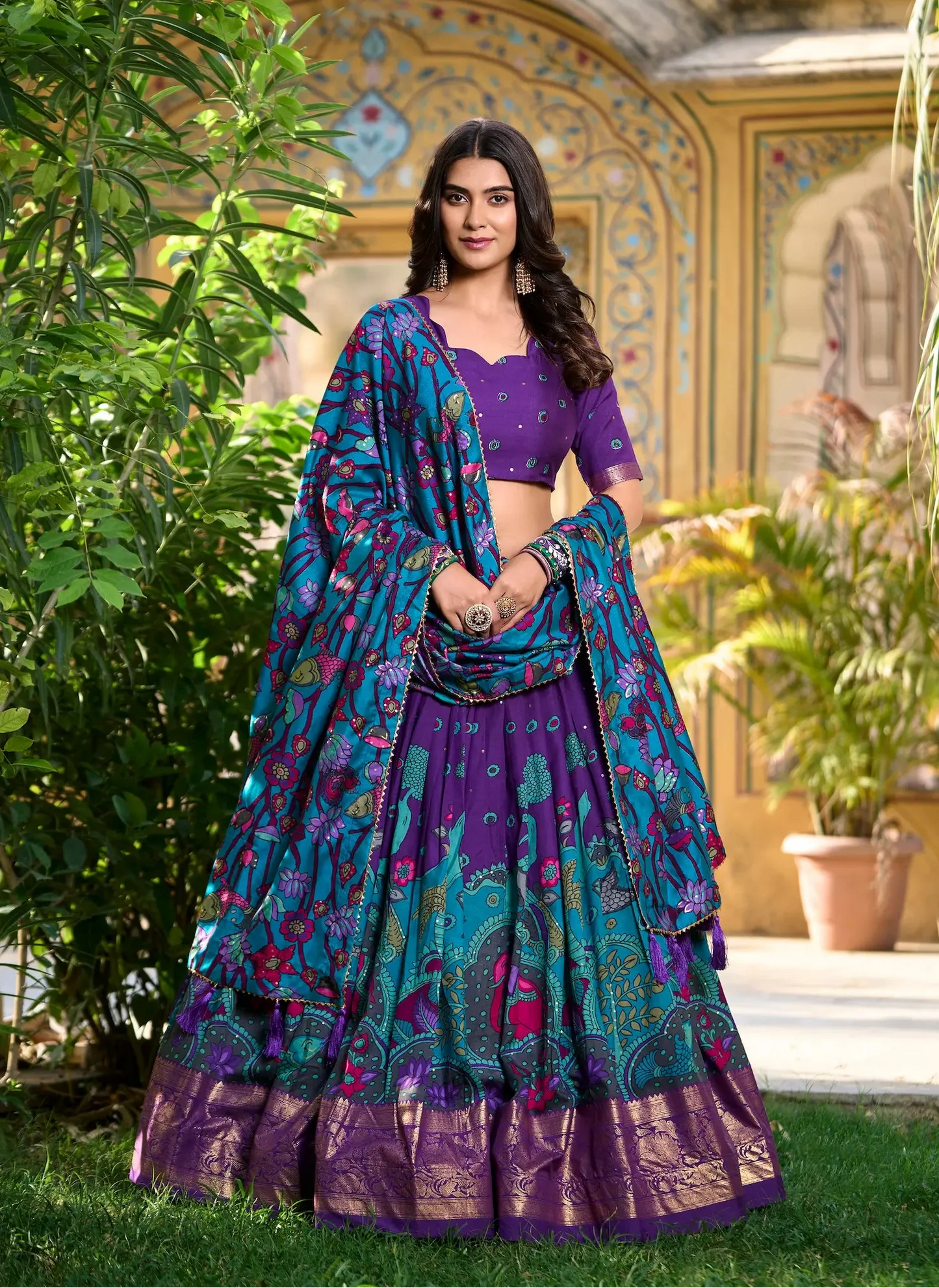 Purple Tussar Silk Kalamkari Printed Lehenga Choli