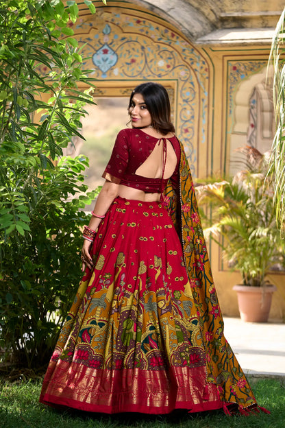 Red Tussar Silk Kalamkari Printed Lehenga Choli