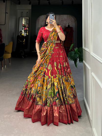 Red Tussar Silk Kalamkari Printed Lehenga Choli