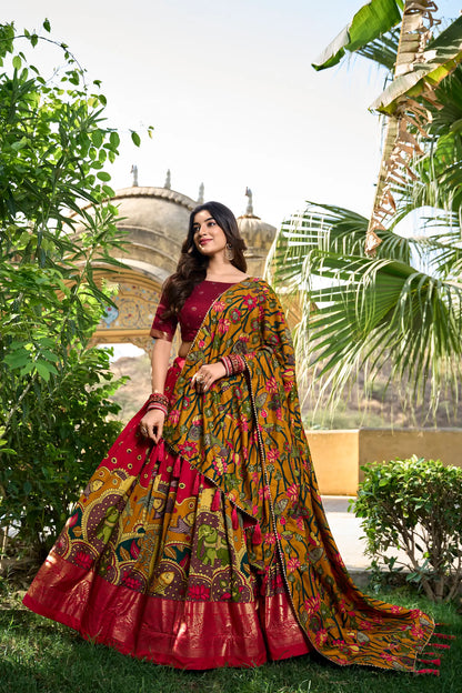 Red Tussar Silk Kalamkari Printed Lehenga Choli