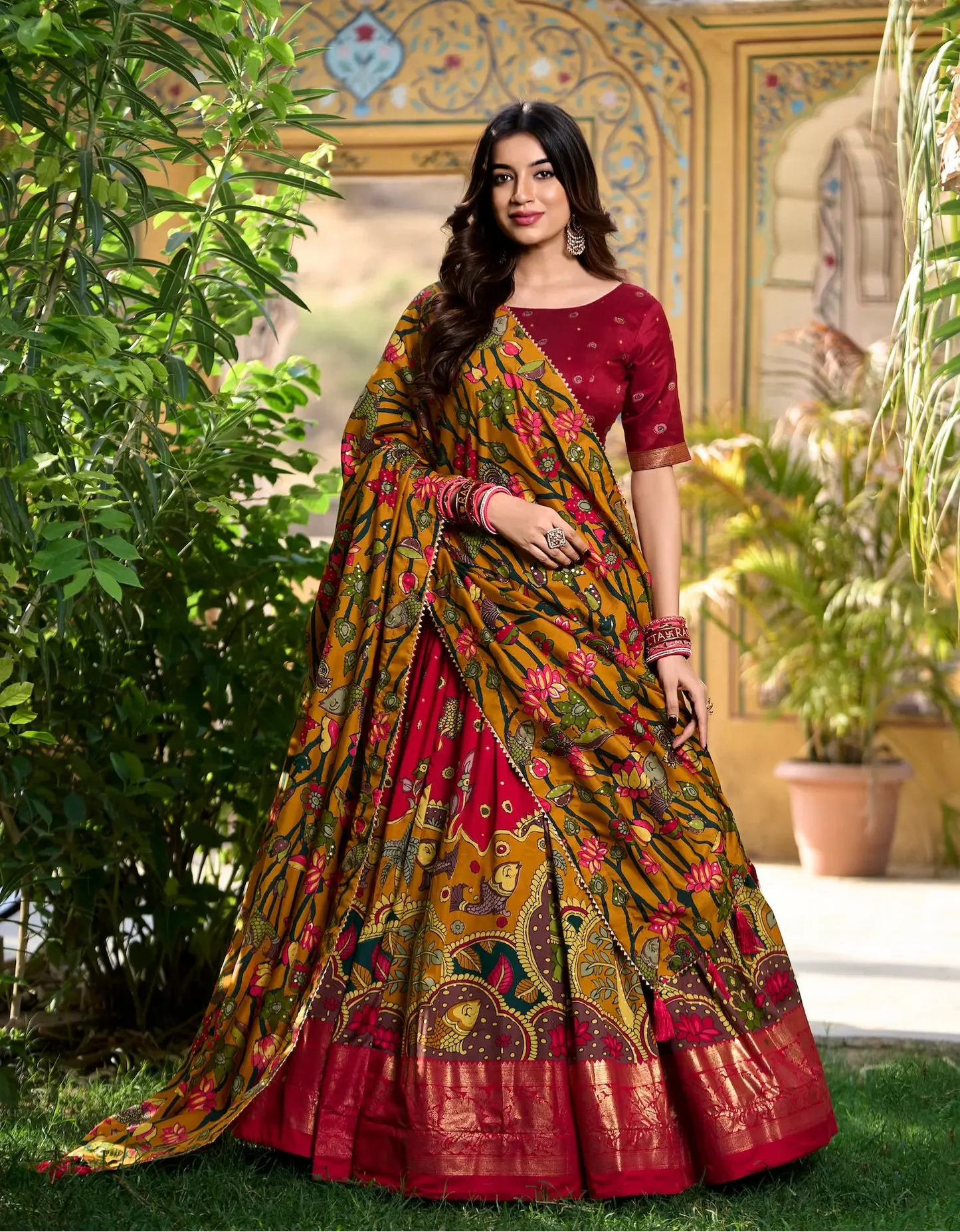 Red Tussar Silk Kalamkari Printed Lehenga Choli