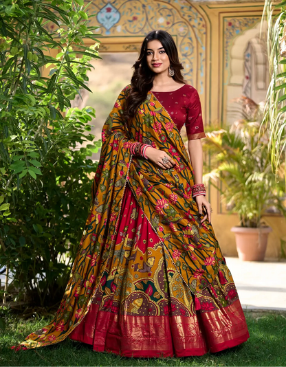 Red Tussar Silk Kalamkari Printed Lehenga Choli