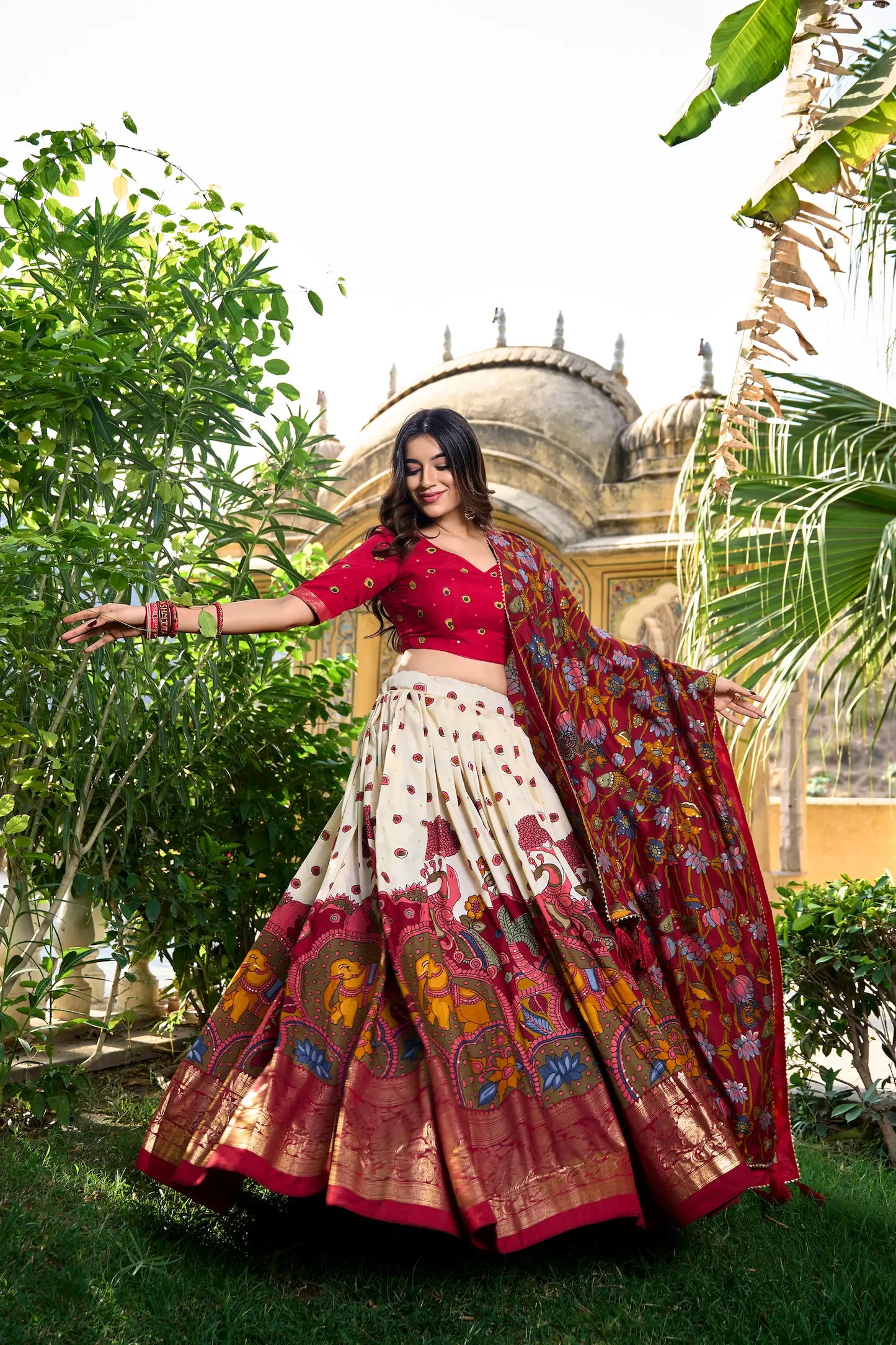 Off White Tussar Silk Kalamkari Printed Lehenga Choli