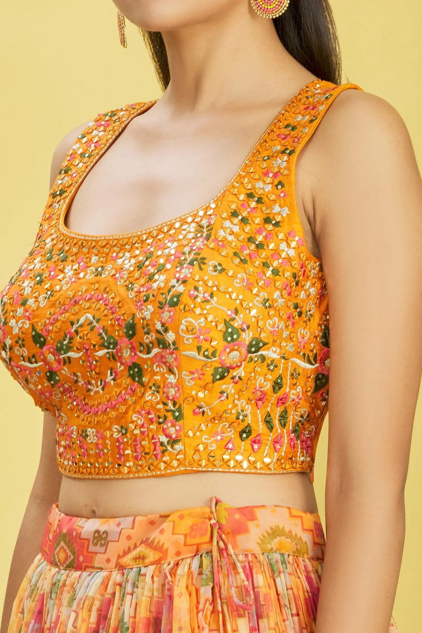 Yellow Lehenga With Digital Print And Sequins Embroidery With Real Mirror Work