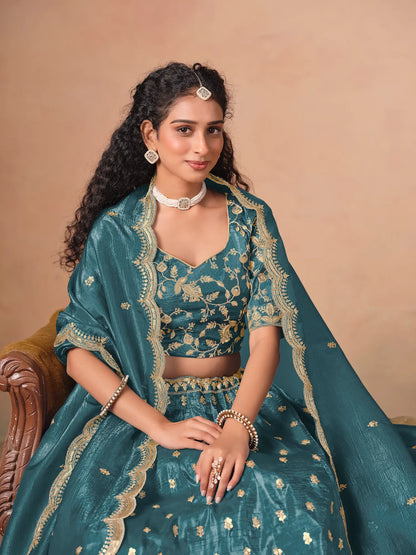 Teal Blue Organza Embroidery Work Lehenga Choli