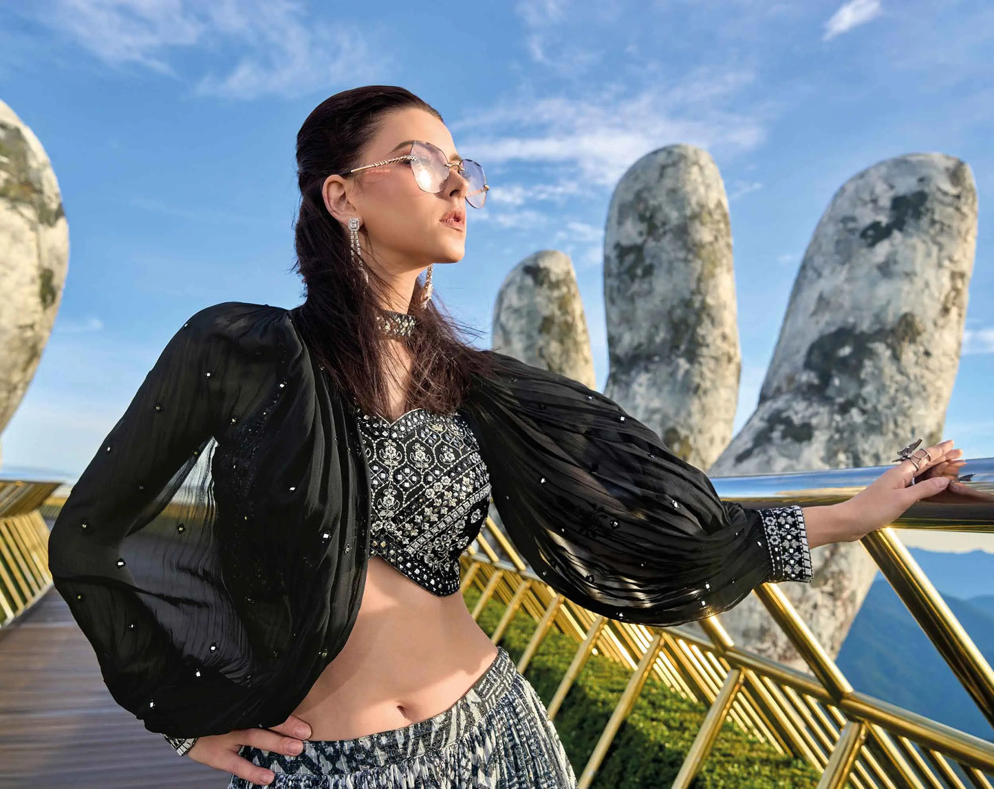 Designer Black And White Stylish Digital Print With Work Indo Western