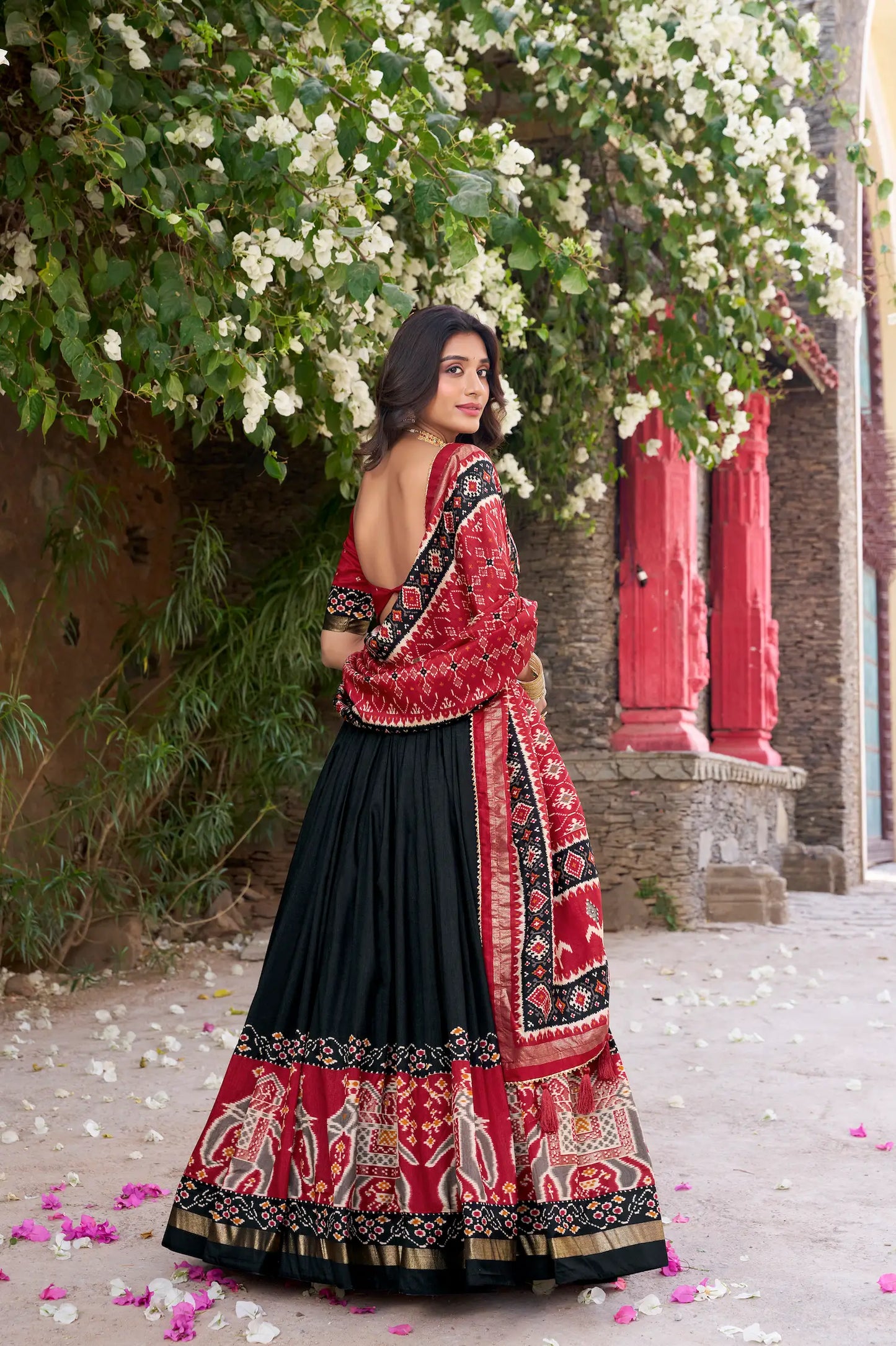 Black Tussar Silk Patola Print And Foil Work Lehenga Choli