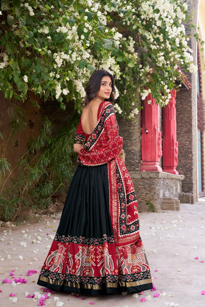 Black Tussar Silk Patola Print And Foil Work Lehenga Choli