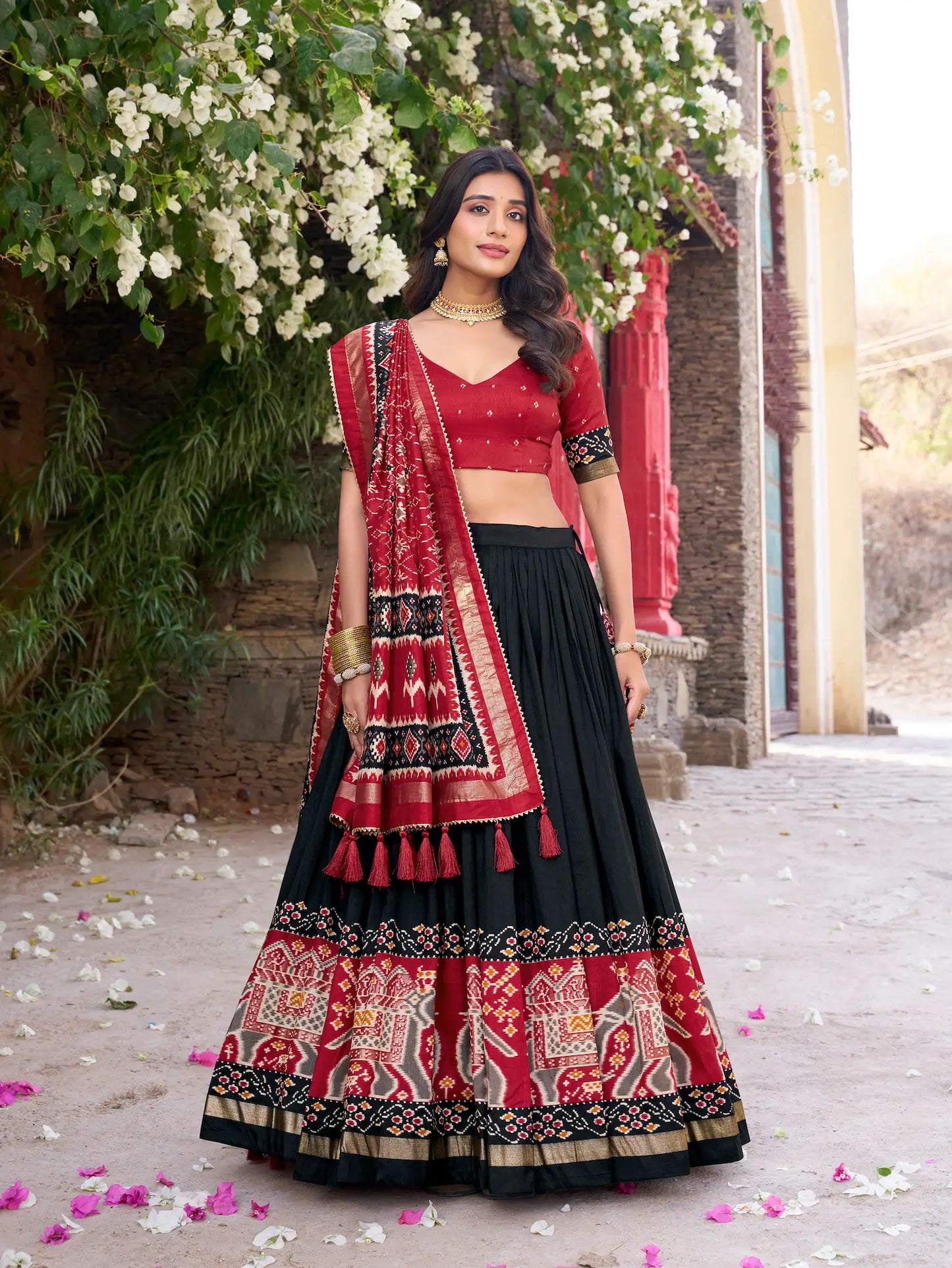 Black Tussar Silk Patola Print And Foil Work Lehenga Choli