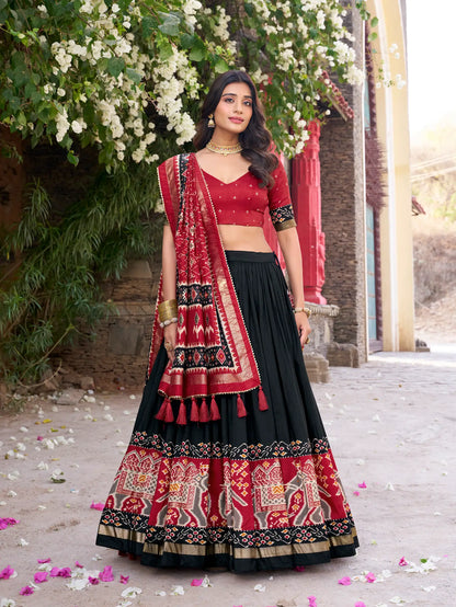 Black Tussar Silk Patola Print And Foil Work Lehenga Choli