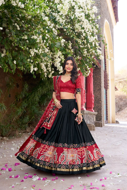 Black Tussar Silk Patola Print And Foil Work Lehenga Choli