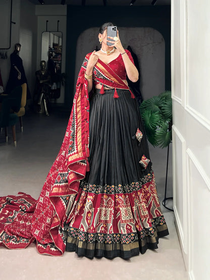 Black Tussar Silk Patola Print And Foil Work Lehenga Choli