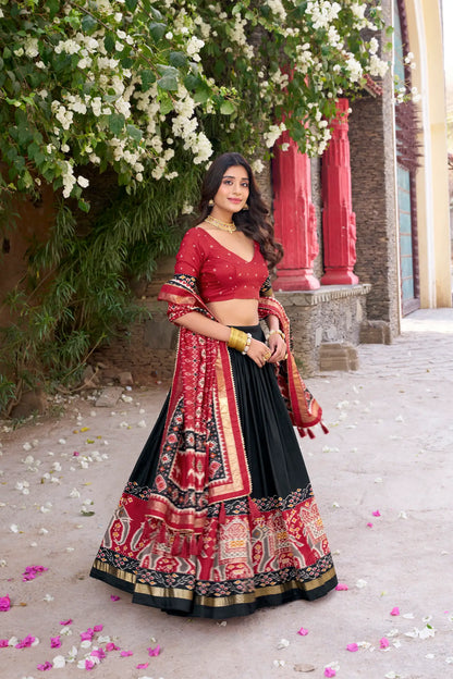 Black Tussar Silk Patola Print And Foil Work Lehenga Choli