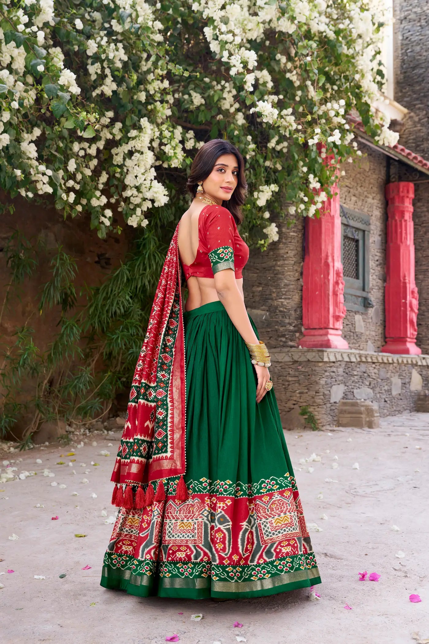 Green Tussar Silk Patola Print And Foil Work Lehenga Choli
