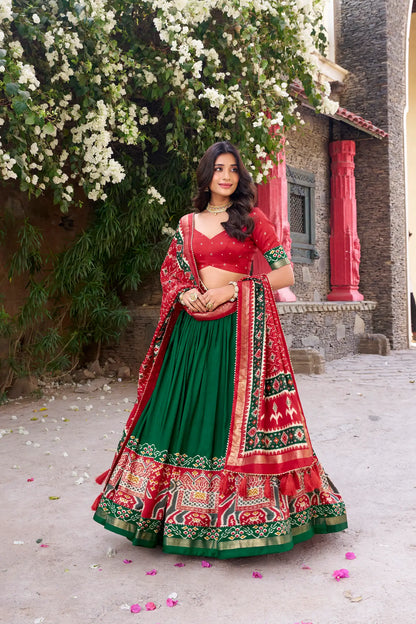 Green Tussar Silk Patola Print And Foil Work Lehenga Choli