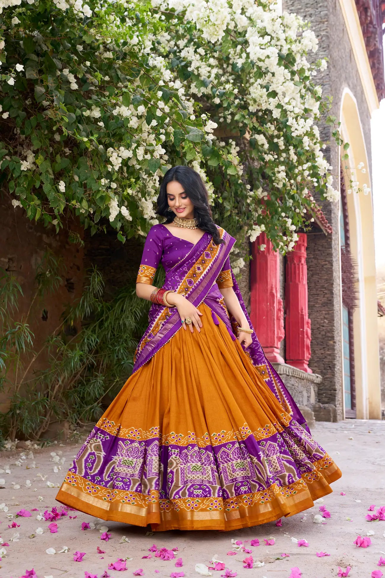 Mustard Tussar Silk Patola Print And Foil Work Lehenga Choli