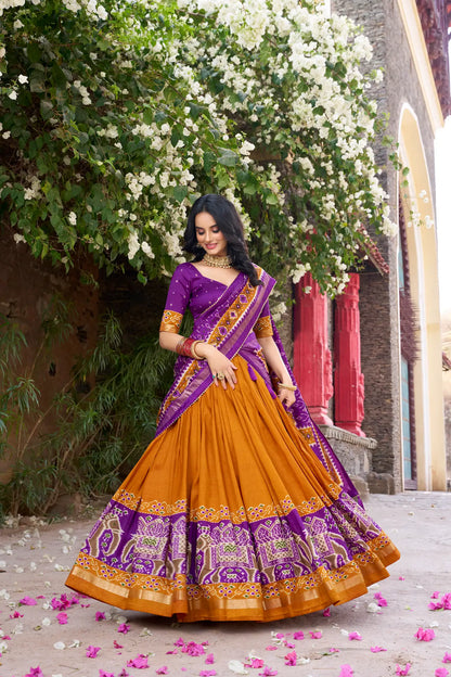 Mustard Tussar Silk Patola Print And Foil Work Lehenga Choli