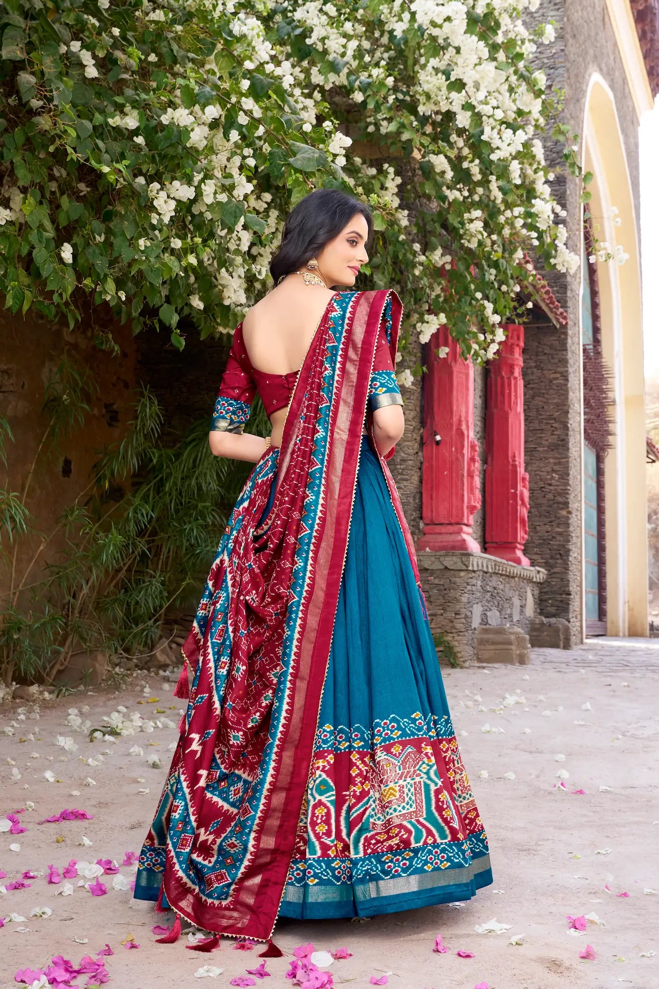 Teal Tussar Silk Patola Print And Foil Work Lehenga Choli
