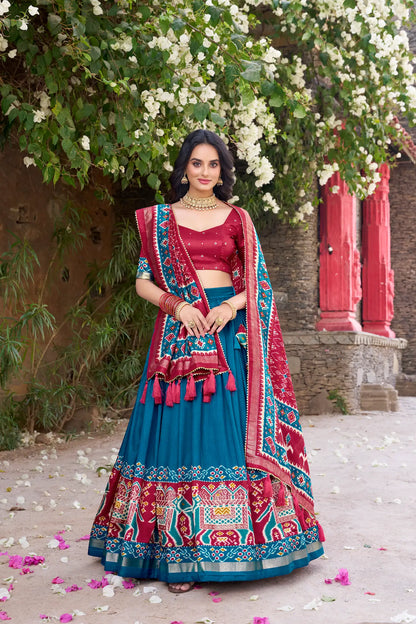 Teal Tussar Silk Patola Print And Foil Work Lehenga Choli