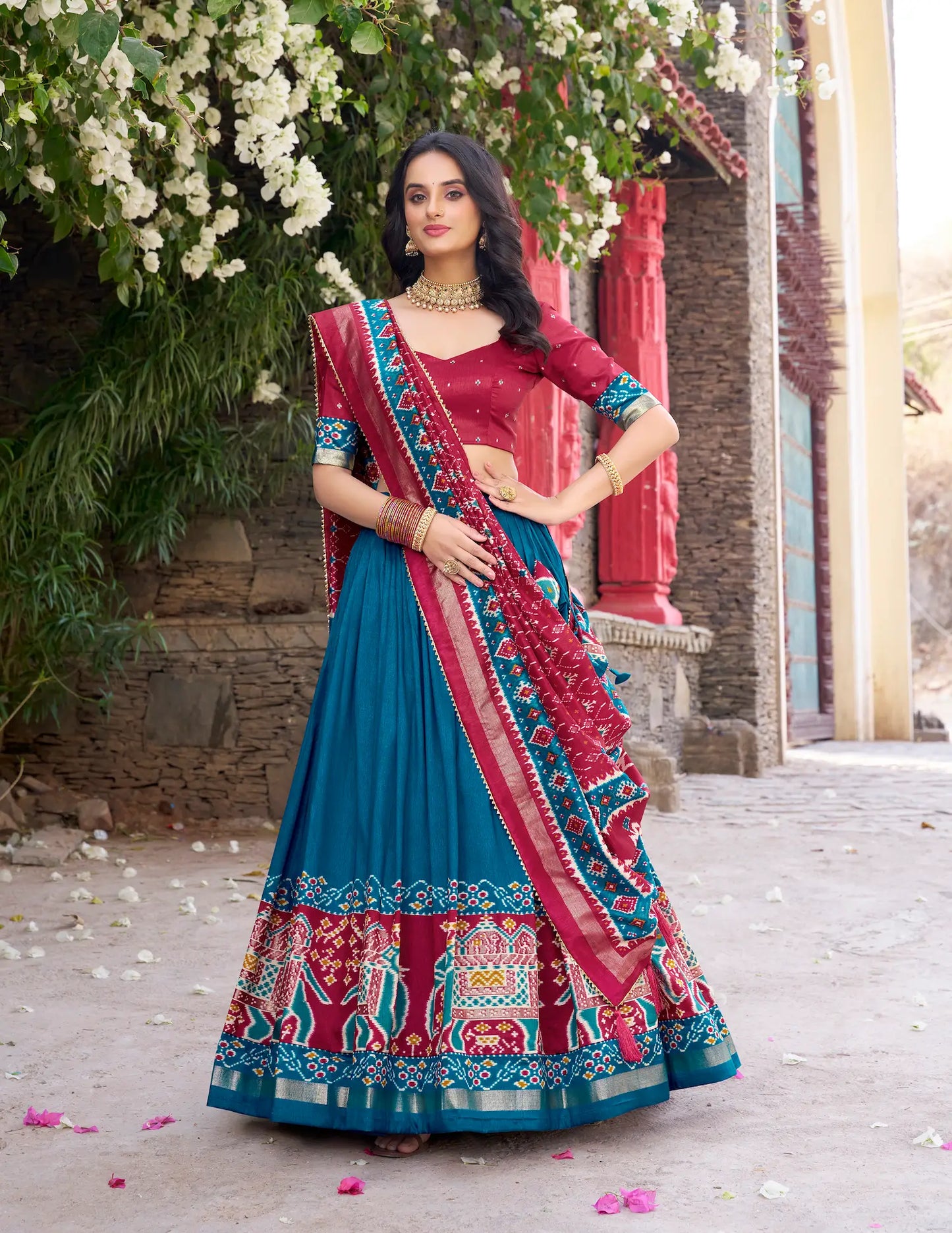Teal Tussar Silk Patola Print And Foil Work Lehenga Choli