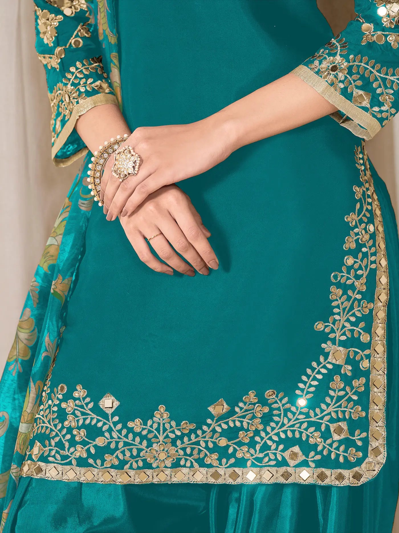 Teal Blue Roman Silk Embroidery Work Salwar Suit