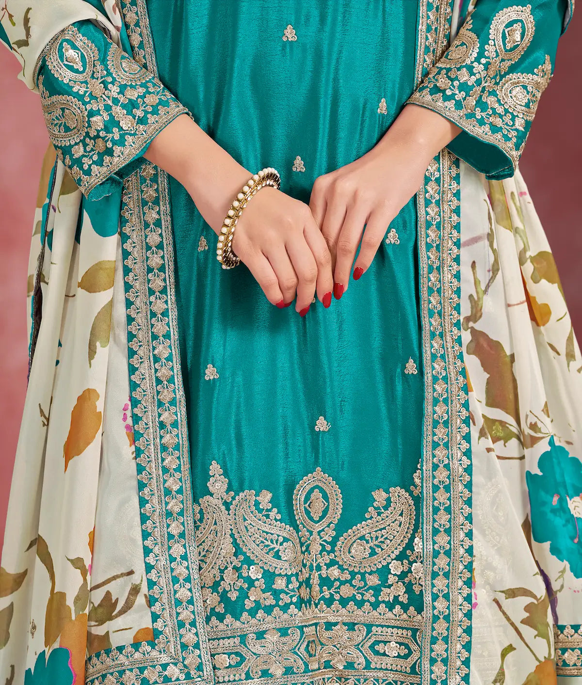 Teal Blue Chinon Embroidery Salwar suit With Organza Dupatta