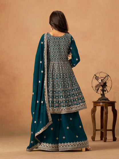 Teal Blue Georgette Embroidery Work Palazzo Set