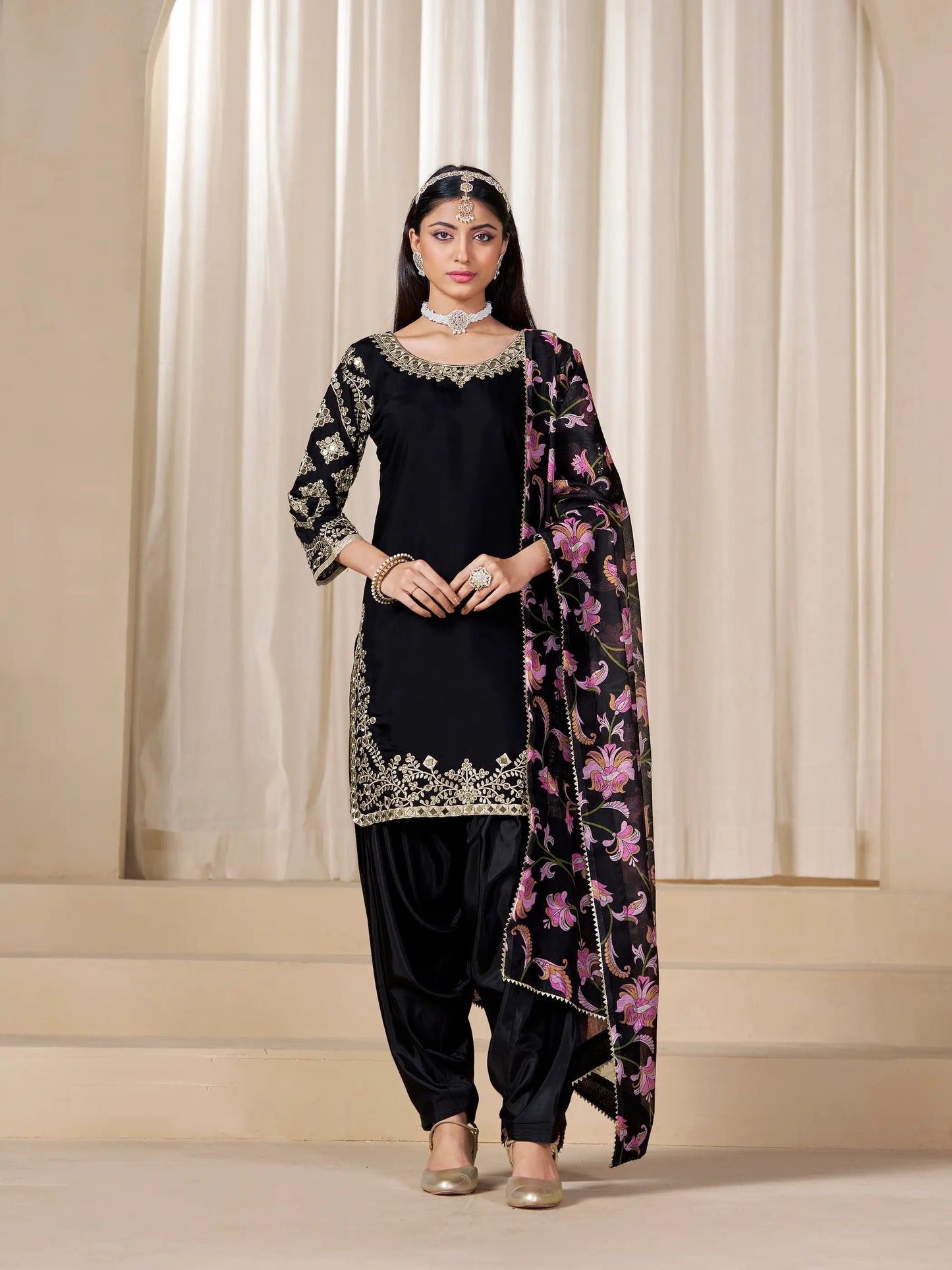 Black Roman Silk Embroidery Work Salwar Suit
