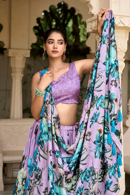 Lavender Tussar Silk Floral Printed Lehenga Choli