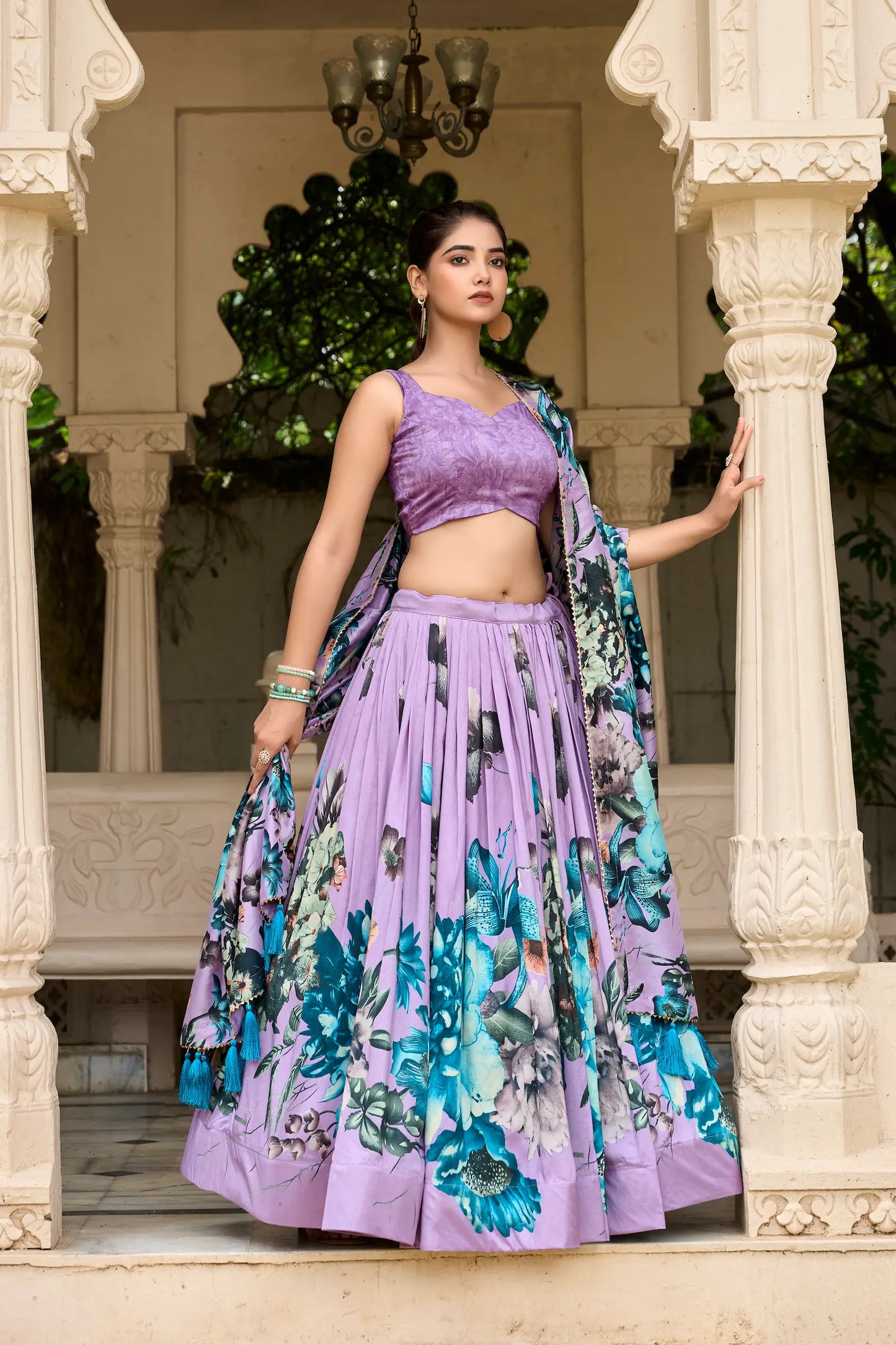 Lavender Tussar Silk Floral Printed Lehenga Choli