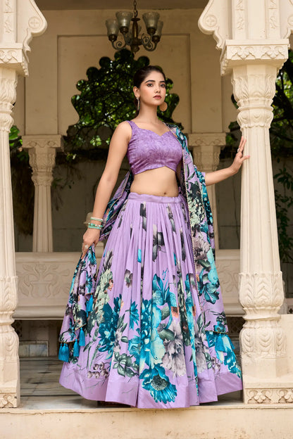 Lavender Tussar Silk Floral Printed Lehenga Choli