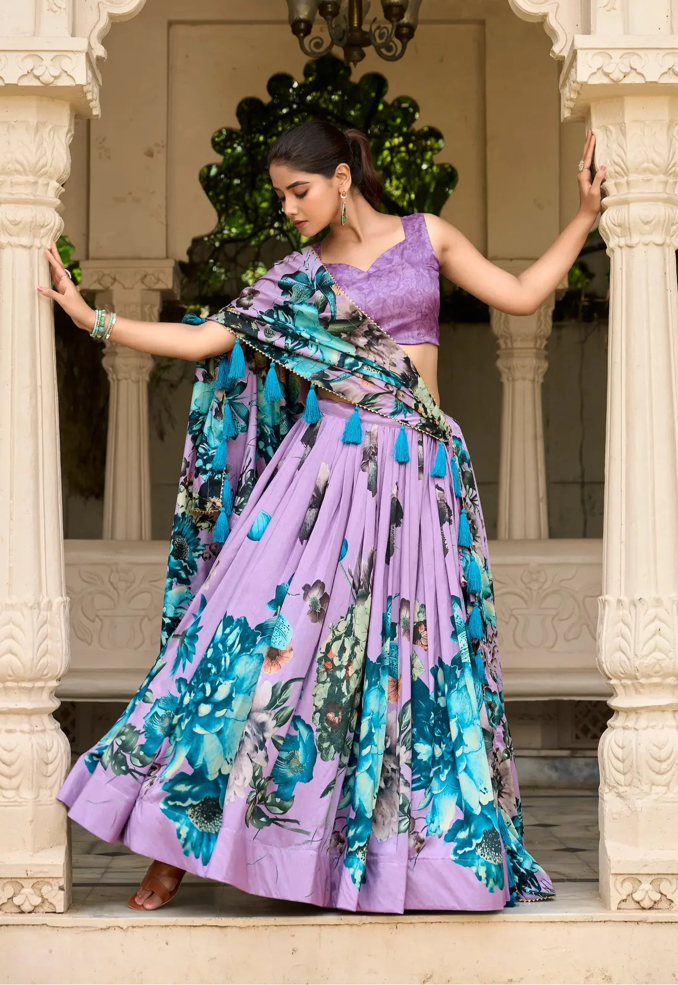 Lavender Tussar Silk Floral Printed Lehenga Choli