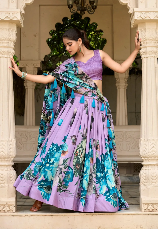 Lavender Tussar Silk Floral Printed Lehenga Choli