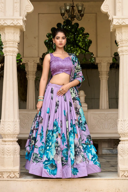 Lavender Tussar Silk Floral Printed Lehenga Choli