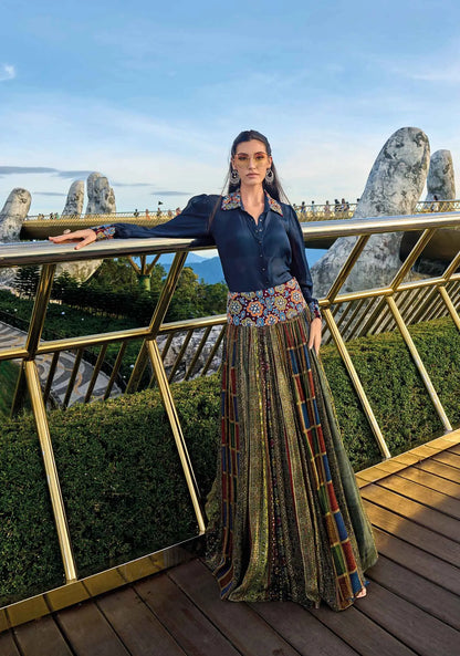 Designer Blue With multi Color Print Stylish Shirt And Skirt Indo Western