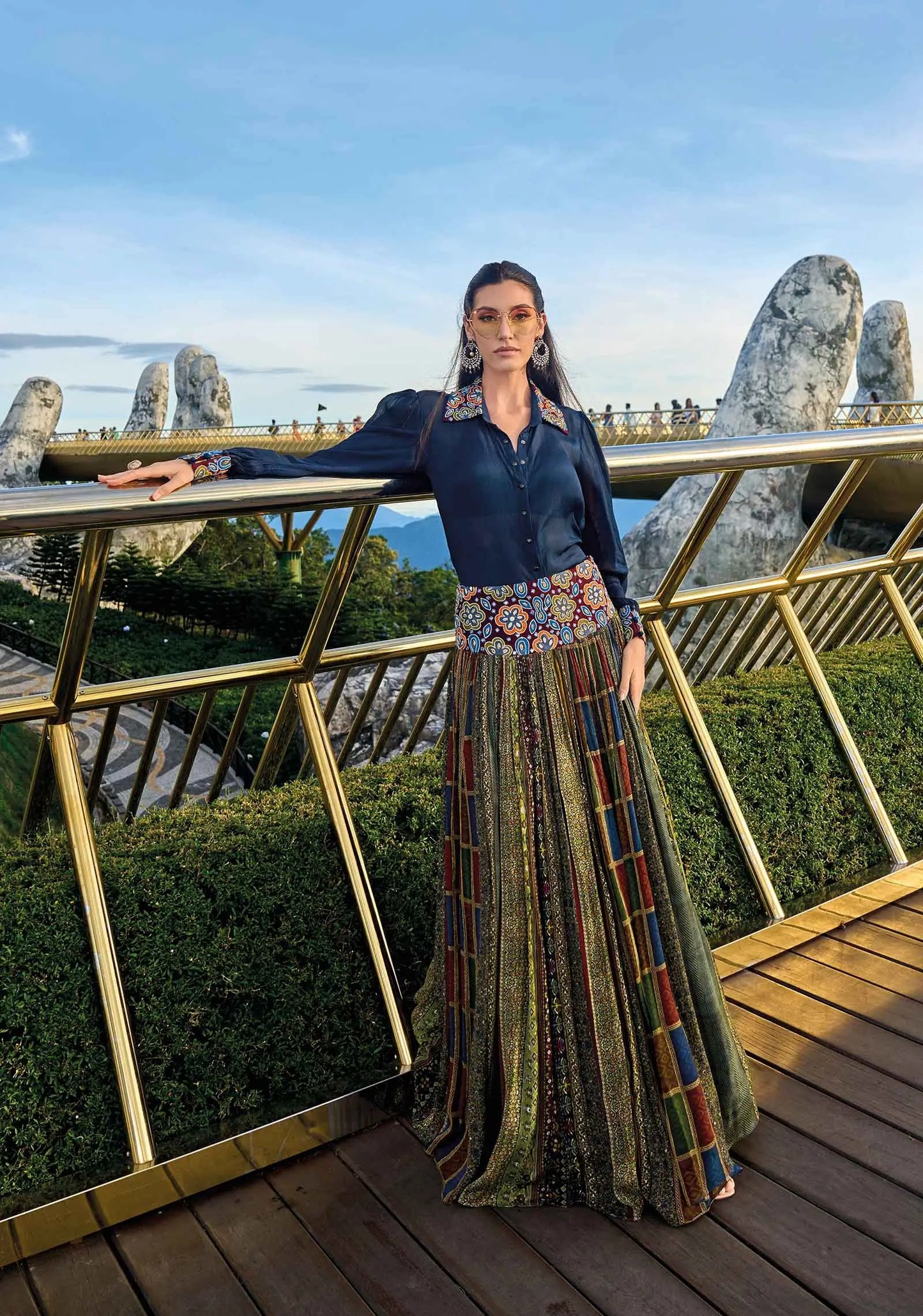 Designer Blue With multi Color Print Stylish Shirt And Skirt Indo Western